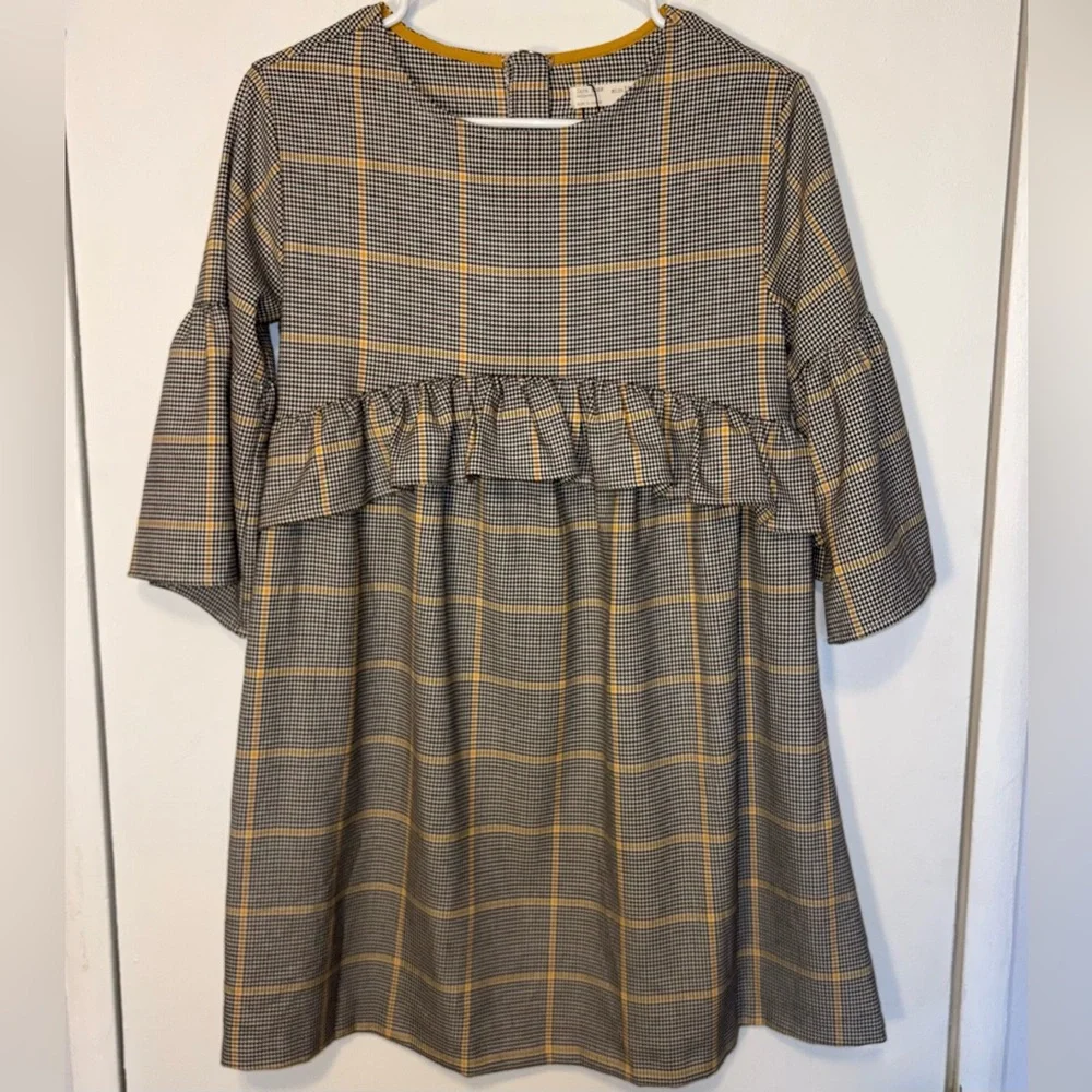 Zara Girls Houndstooth Checked Plaid Bell‎ Sleeve Dress Size 13/14 Mustard/Grey